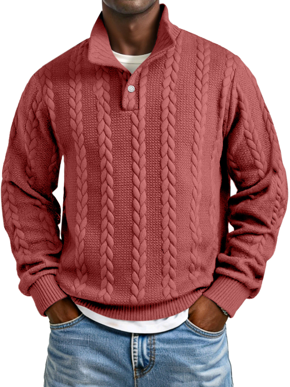 Herren Sweatshirt mit einfarbigem, gedrehtem Textur und Knopfkragen, langärmlig-deurabatt