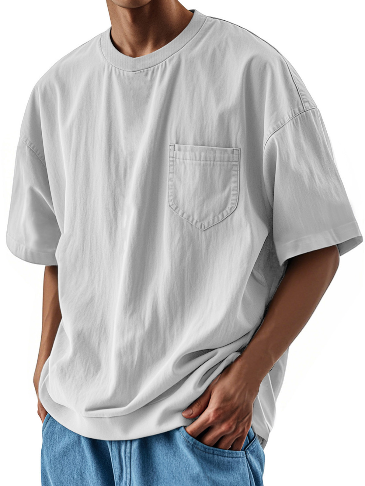 Herrenmode Lässiges Retro-Shirt Rundhals Tasche Kurzarm T-deurabatt