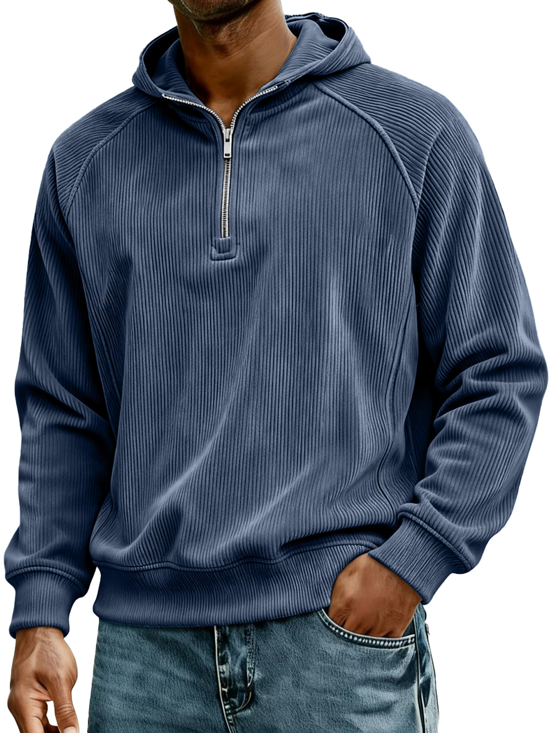 Herren Retro Corduroy Raglan Kapuzenpullover mit Reißverschluss-deurabatt