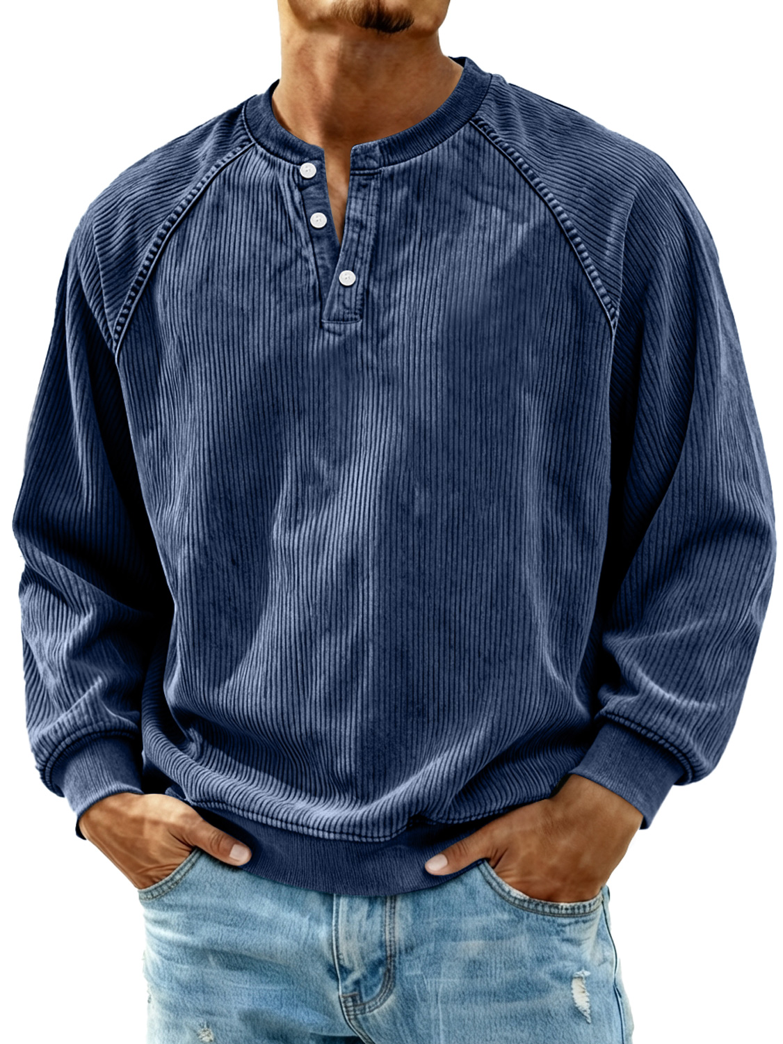Herren Retro Corduroy Raglan Freizeit Langarm Henley Shirt-deurabatt