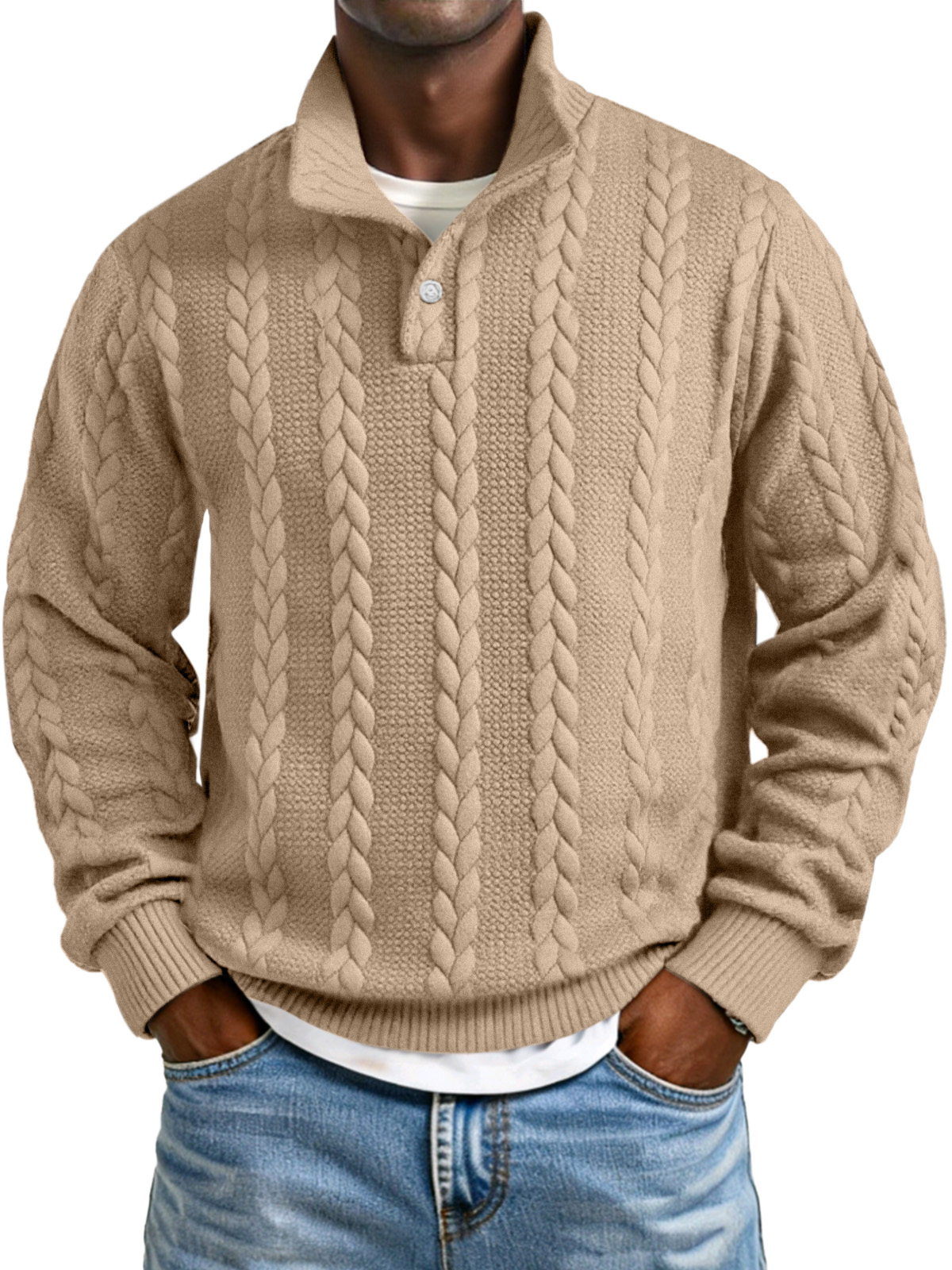 Herren Sweatshirt mit einfarbigem, gedrehtem Textur und Knopfkragen, langärmlig-deurabatt