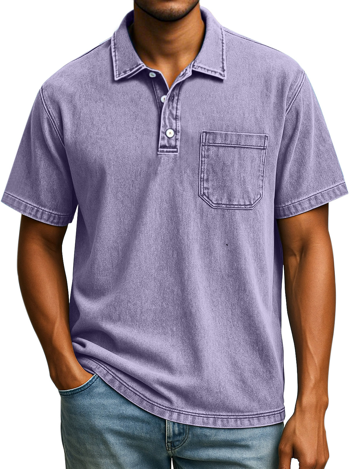 Herren Retro Einfarbig Bequem Locker Revers Knopf Kurzarm Polohemd-deurabatt