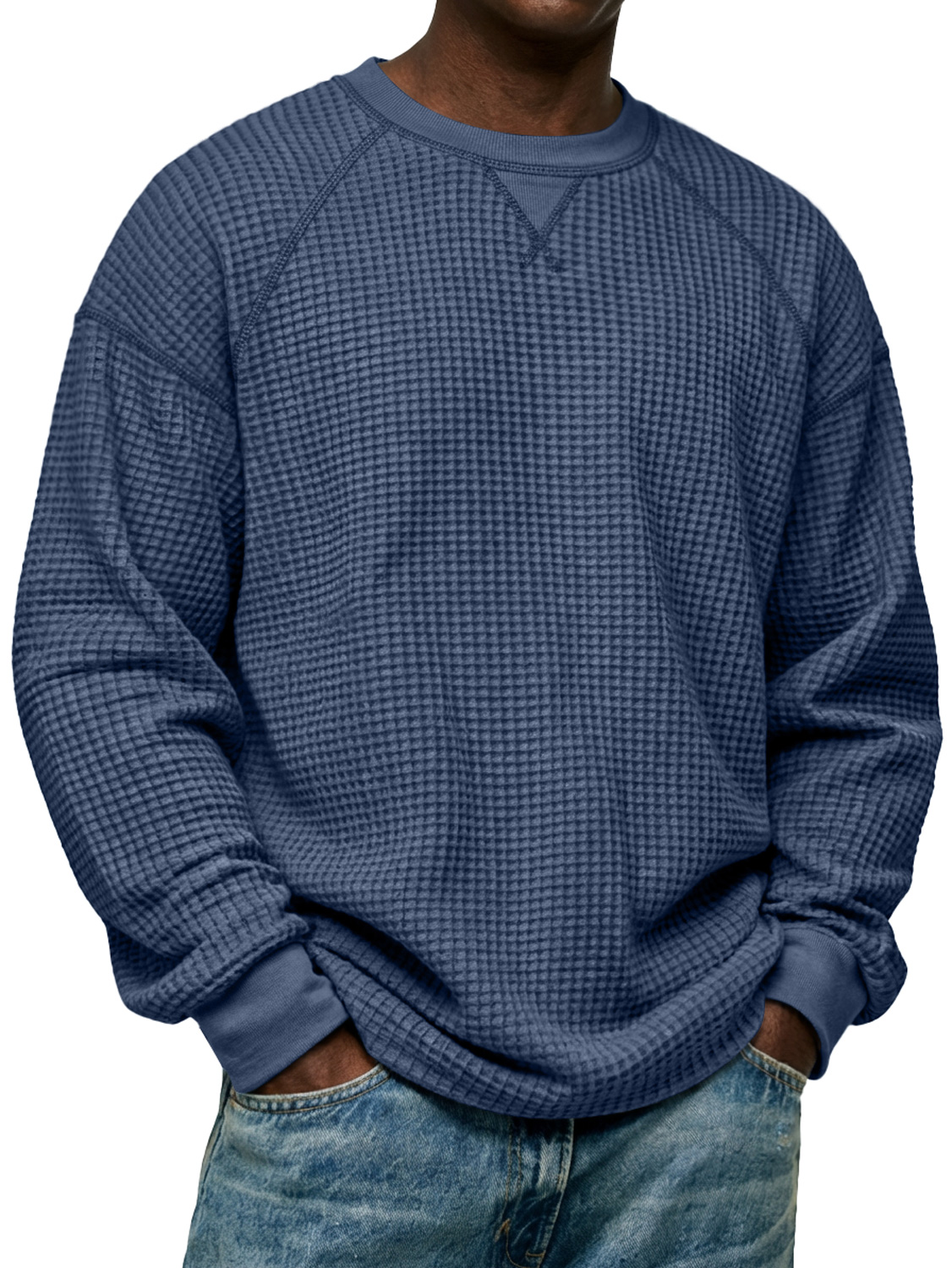 Herren Einfaches Waffelstrick Rundhals Raglanärmel Langarm-T-Shirt-deurabatt