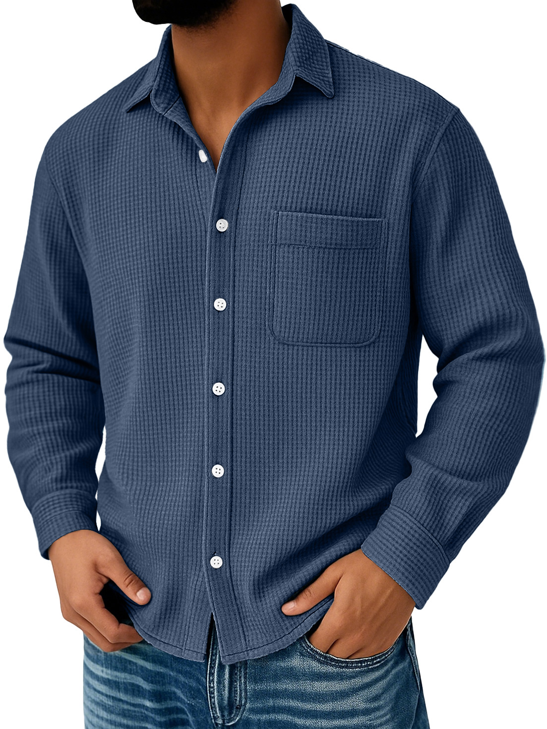 Herren Alltags Waffel Freizeit Tasche Komfort Langarmshirt-deurabatt