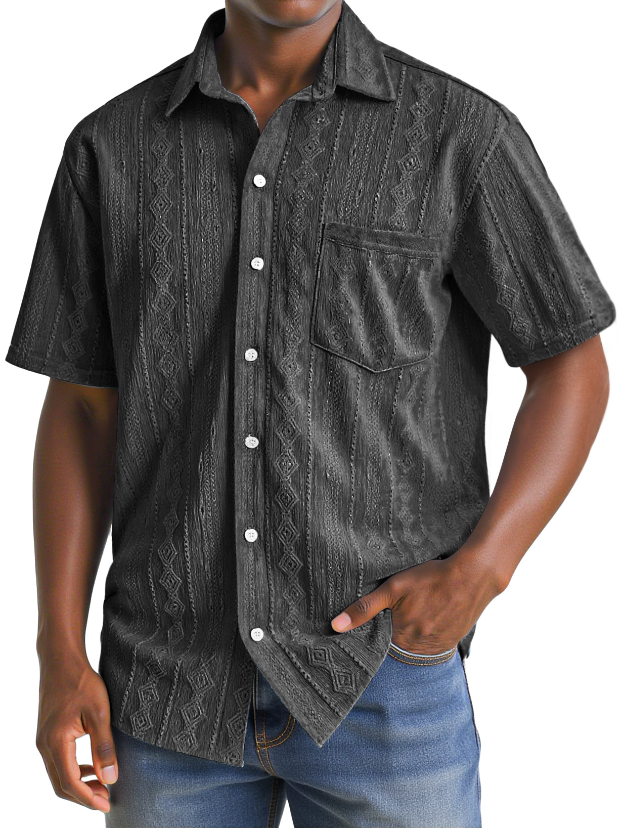 Herren Daily Texture Casual Pocket Revers Einfarbig Bequem Kurzarmhemd-deurabatt
