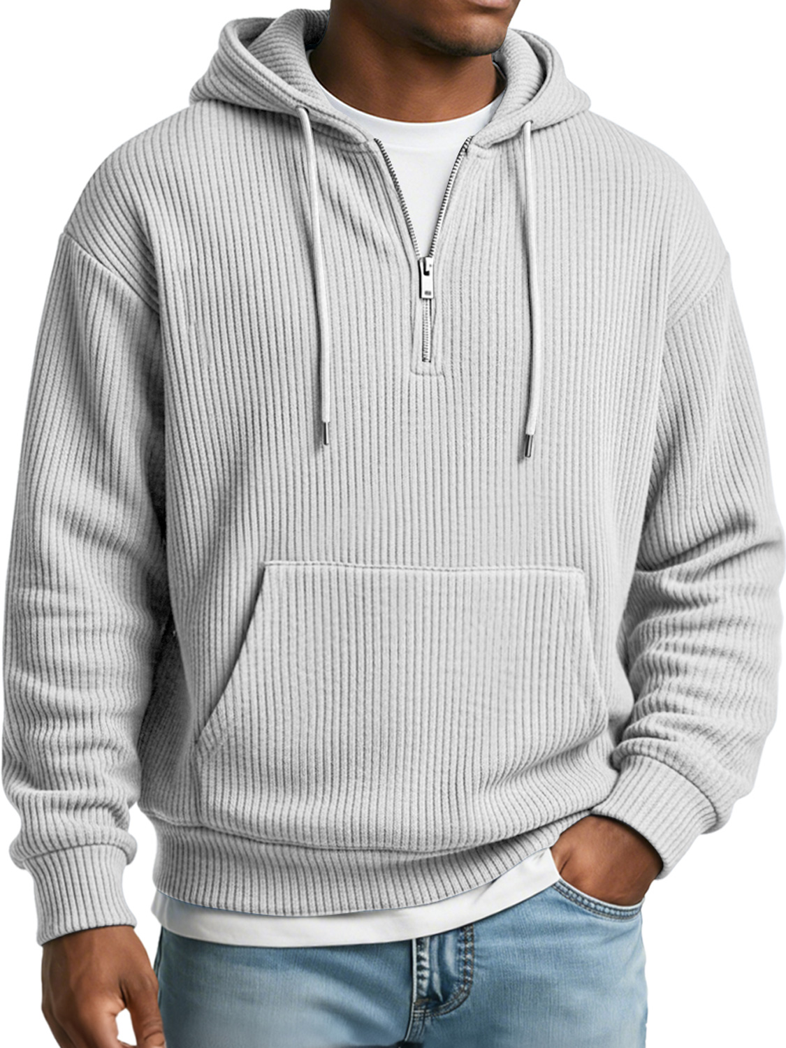 Herren Einfaches Geripptes Texturiertes Kapuzen-Sweatshirt mit Reißverschluss in Lässiger Lockere Passform-ZierMode