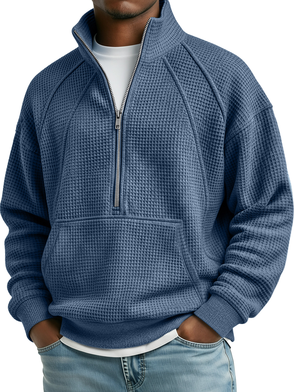 Herren Waffel Stehkragen Reißverschluss Raglan Freizeit Tasche Sweatshirt-deurabatt
