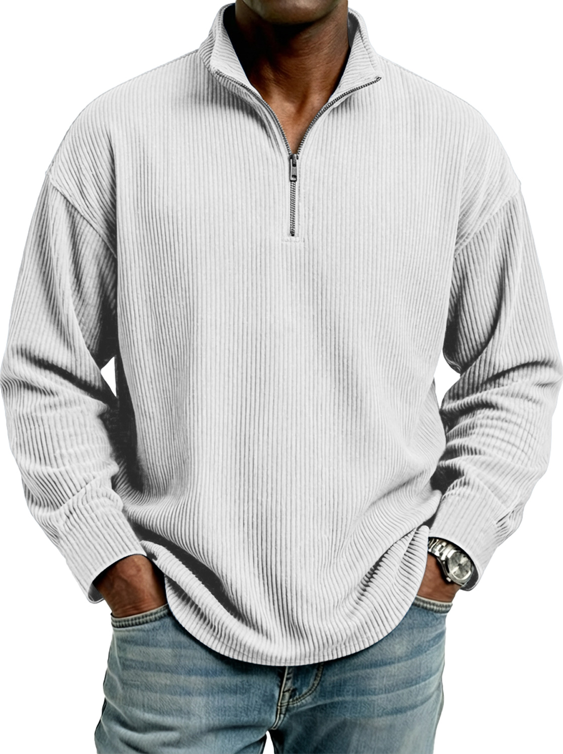 Herren Stehkragen Reißverschluss Ripp T-Shirt mit langen Ärmeln bequem-deurabatt