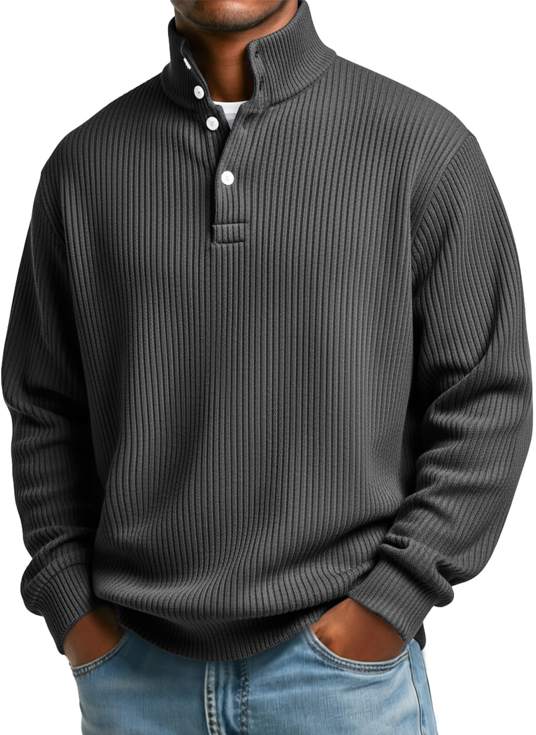 Herren Sweatshirt mit vertikalen Streifen, Stehkragen, Knopf, lässig und locker-deurabatt