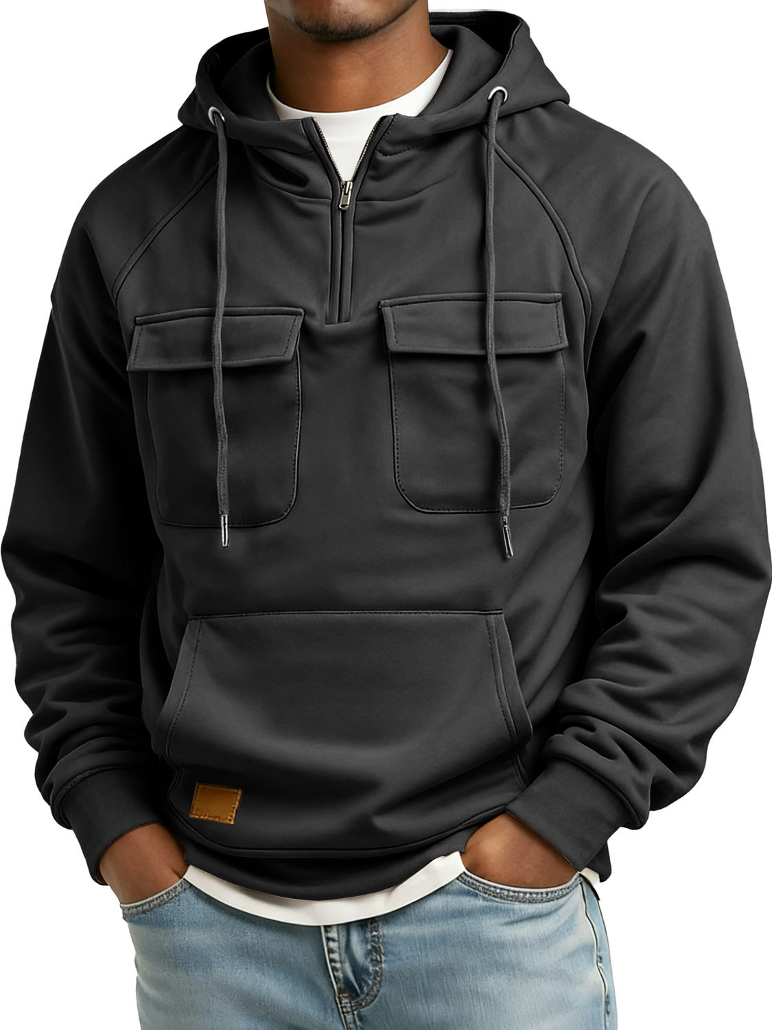Herren Retro Reißverschluss Doppelter Taschen Besticktes Logo Freizeit Hoodie-deurabatt