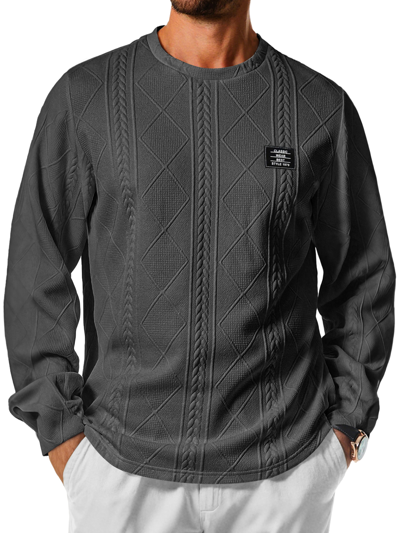 Herren Daily Rundhals Jacquard-Textur Besticktes Logo Lässiges Langarm-T-Shirt-deurabatt