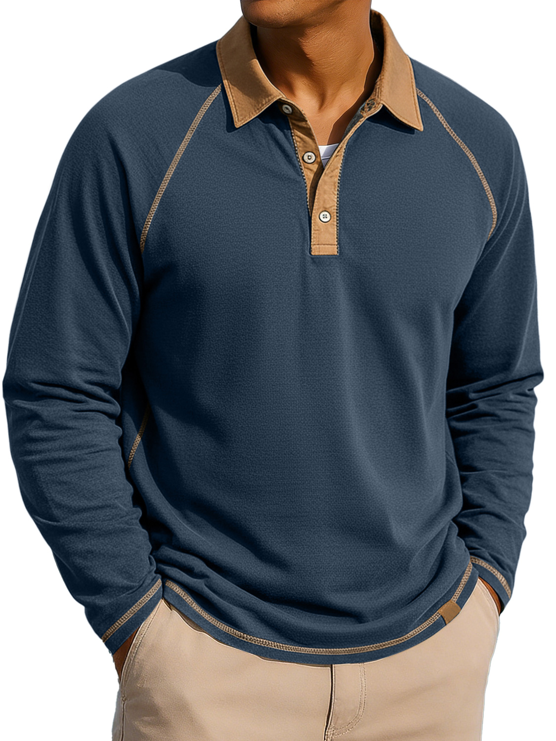 Herren Revers Knopf-auf Farbblock Raglan Ärmel Freizeit Langarm Polohemd-deurabatt