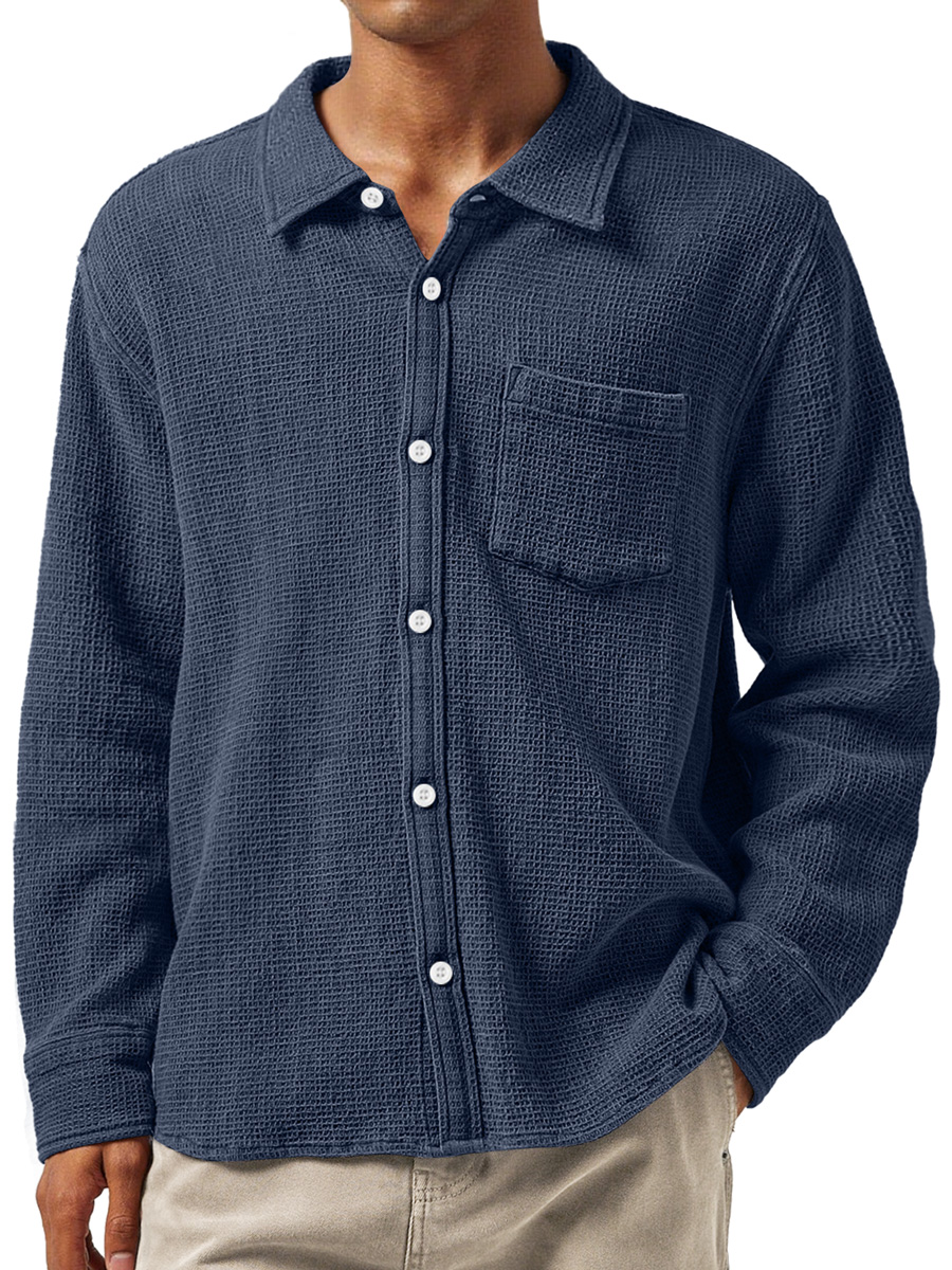 Herren Daily Waffle Texture Revers Tasche Lässige Langarmshirt-deurabatt