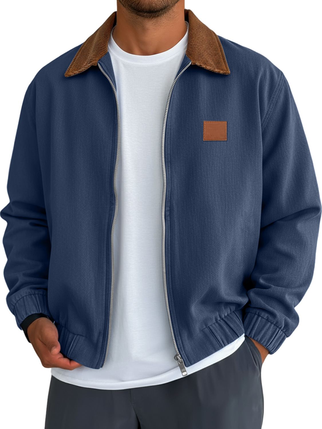 Herren Einfaches Einfarbiges Patchwork-Kragen Besticktes Lederlabel Freizeitjacke-deurabatt