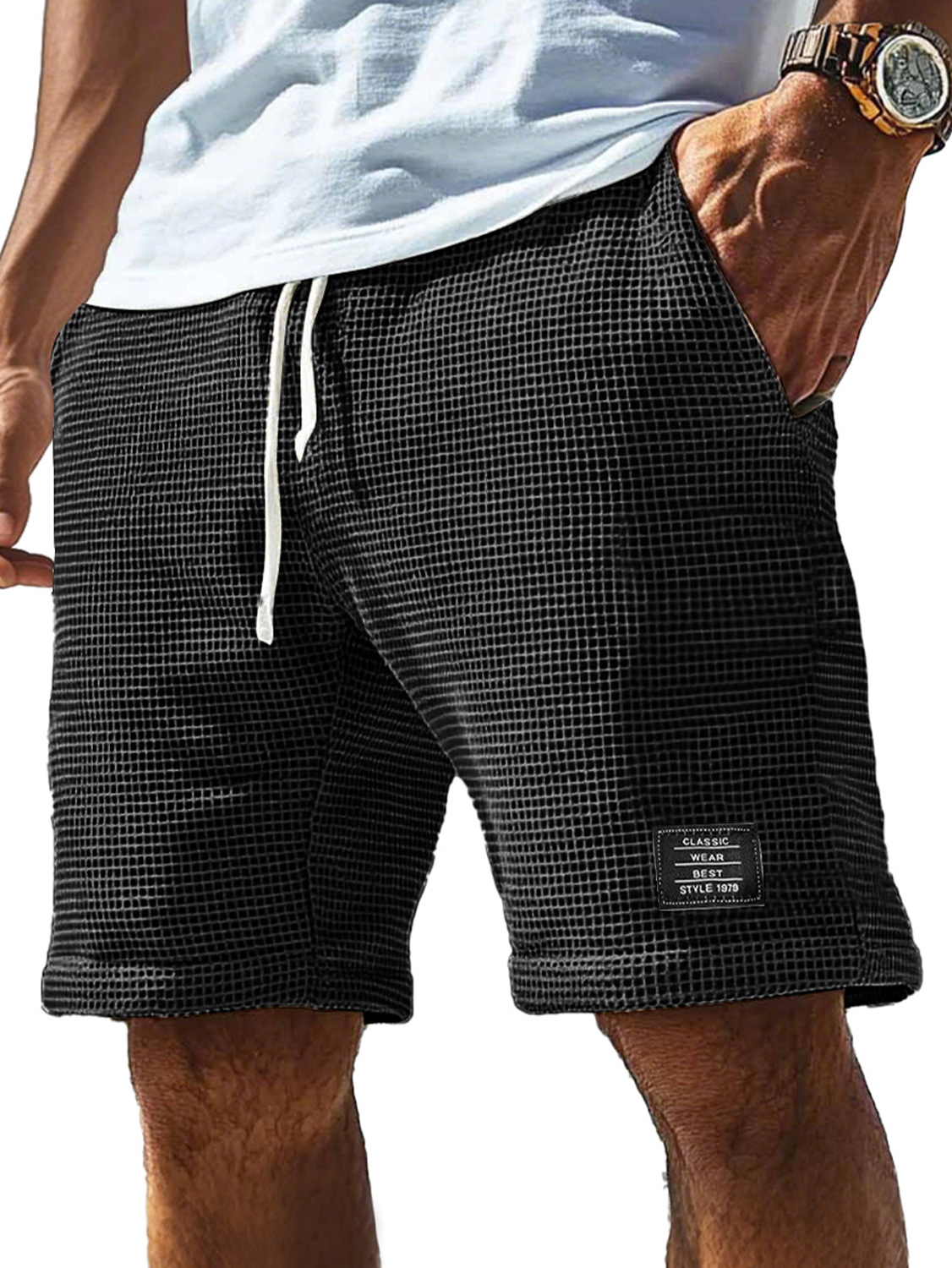 Herren Alltagscord-Waffel bestickte Logo Freizeitshorts-ZierMode