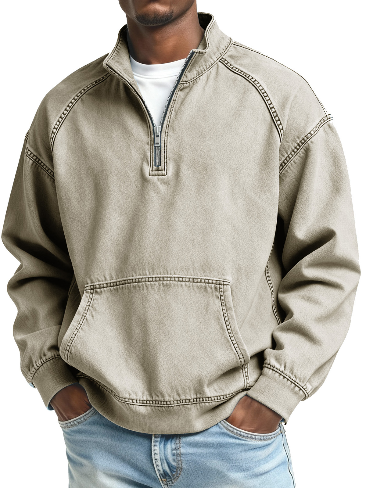 Herren Mode Retro Stehkragen Raglan Tasche Langarm Oberteil-deurabatt