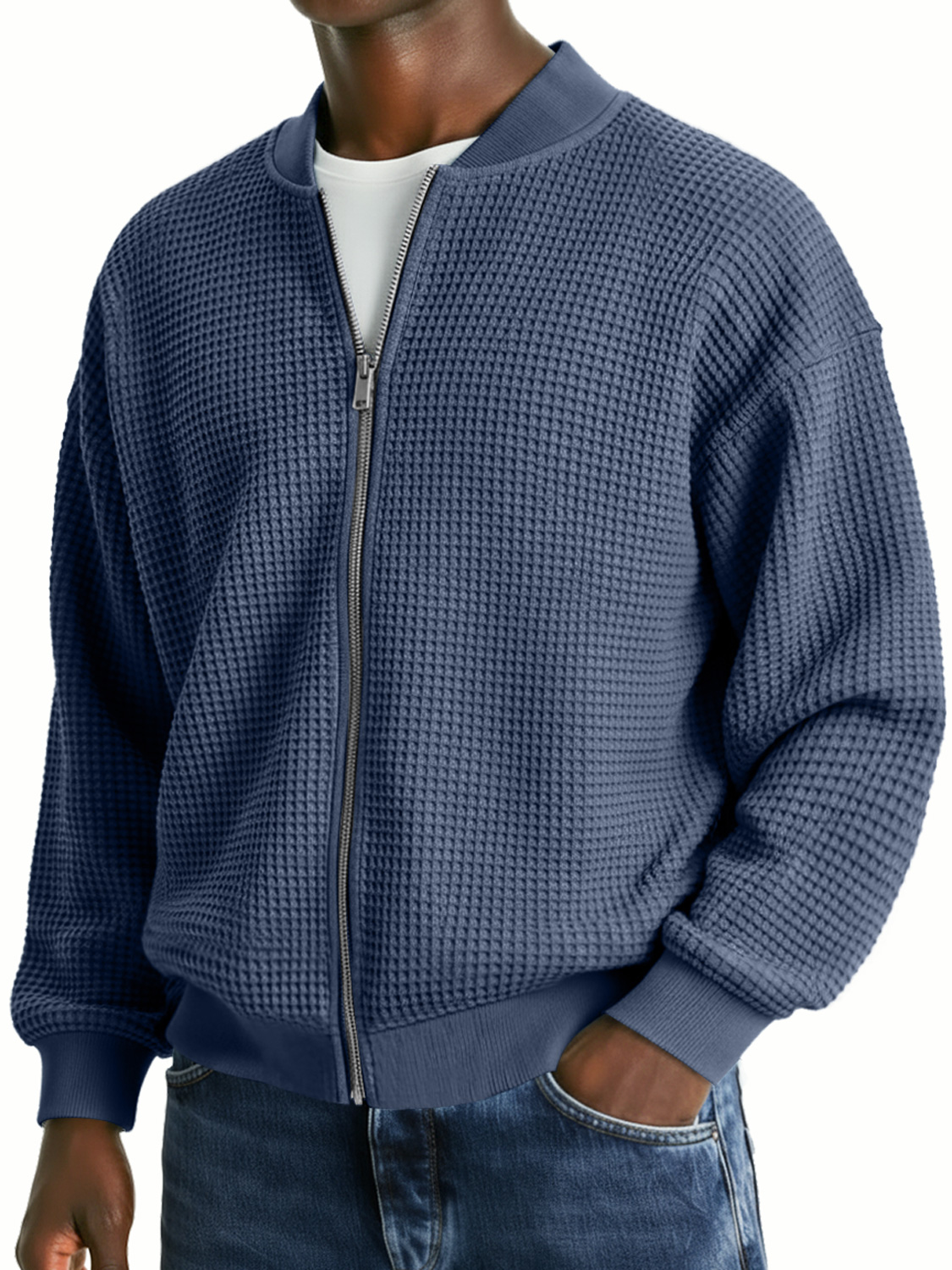 Herren-Waffelstrickjacke, lässig, locker, mit Reißverschluss-deurabatt