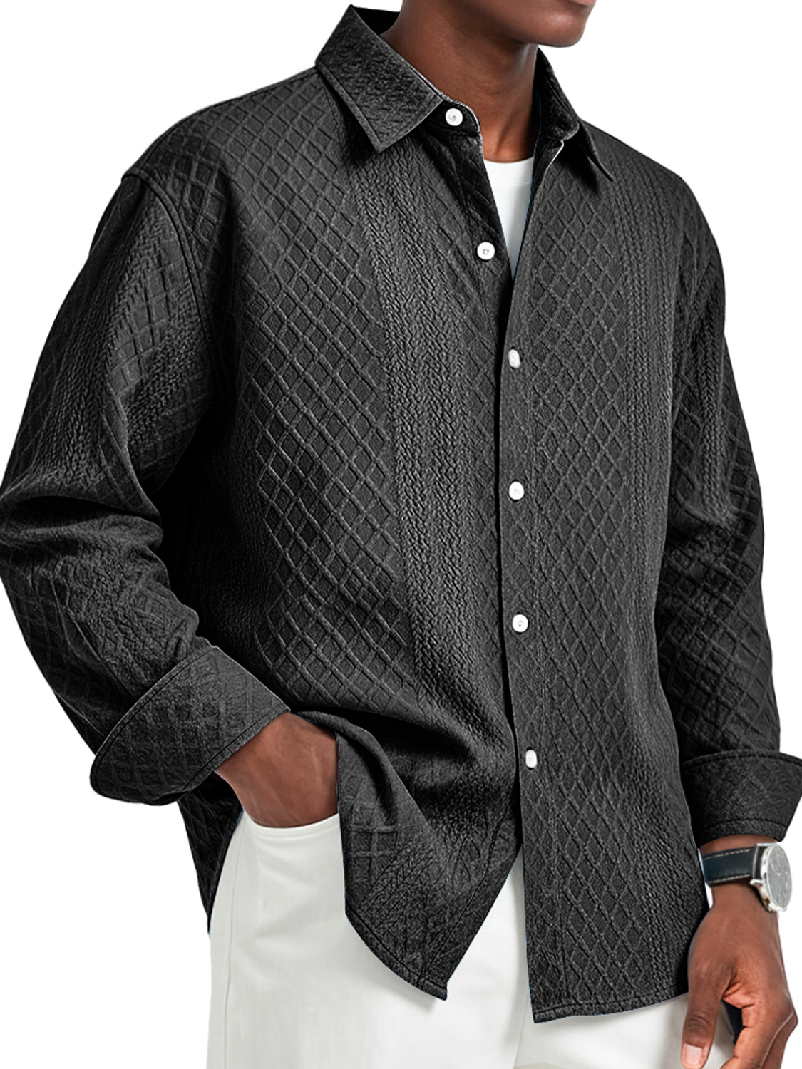 Herren Daily Jacquard Struktur Freizeit Revers Langarmhemd-deurabatt