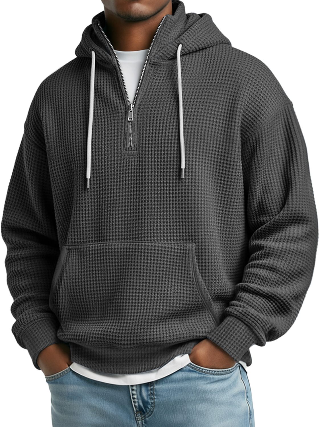 Herren Daily Waffle Stehkragen Reißverschluss Lässiger Lockere Kapuzenpullover-deurabatt
