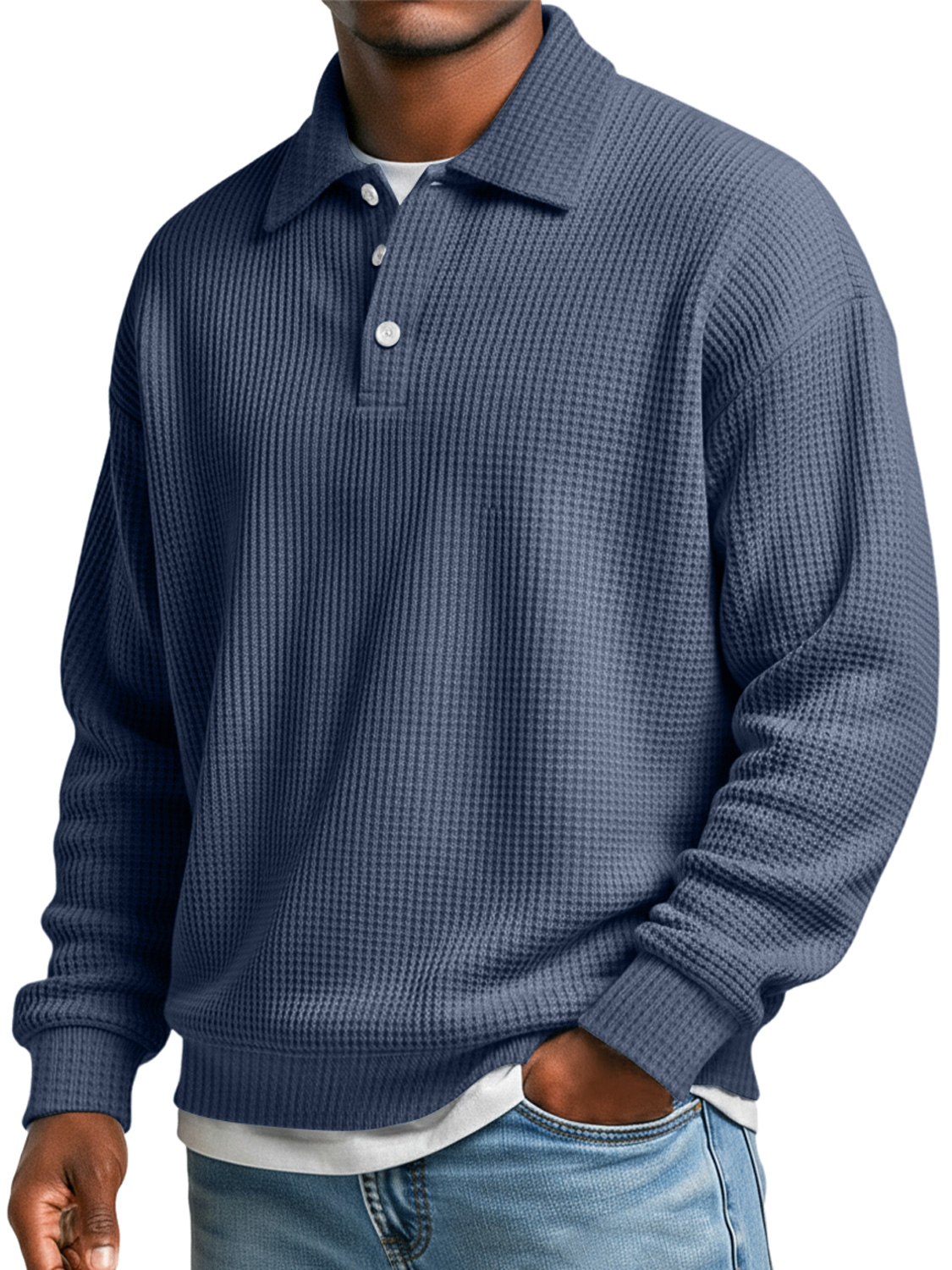 Herren Waffel Einfach Revers Knopf Lässig Locker Polo-Shirt-deurabatt