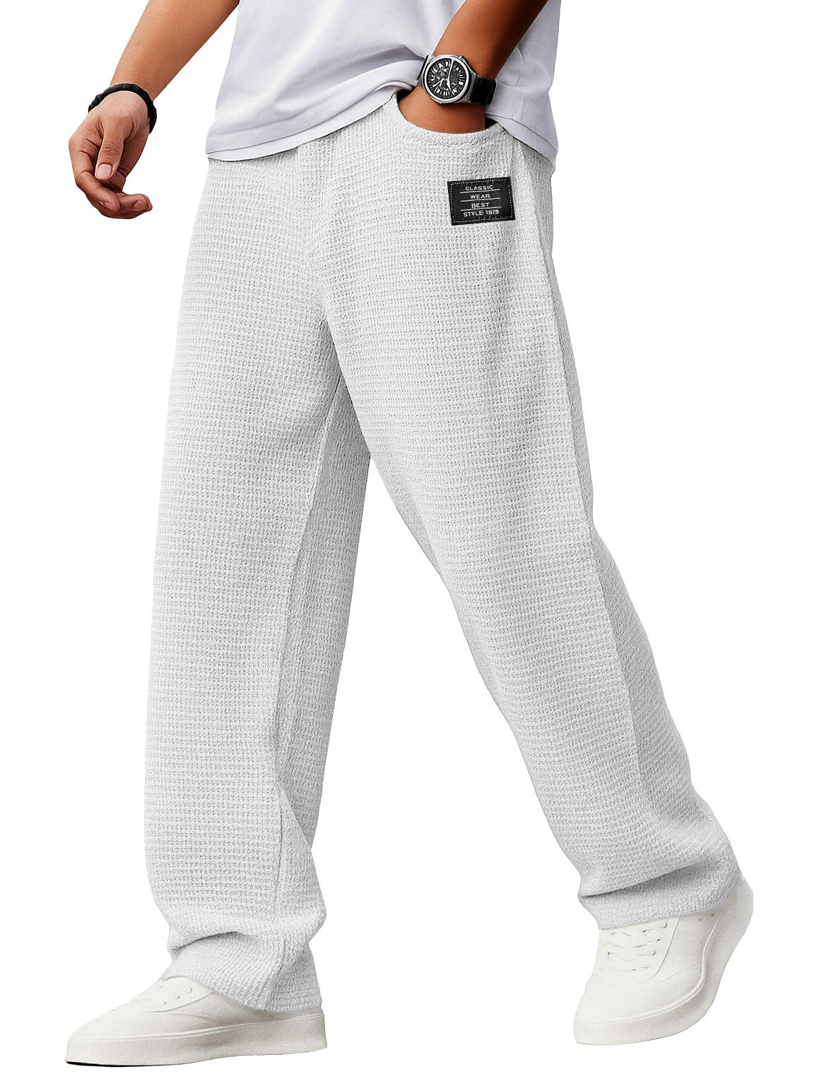 Herren Stylische Alltags-Waffelstoff-Hosen mit lockerer Passform, Kordelzugbund und gesticktem Logo-ZierMode