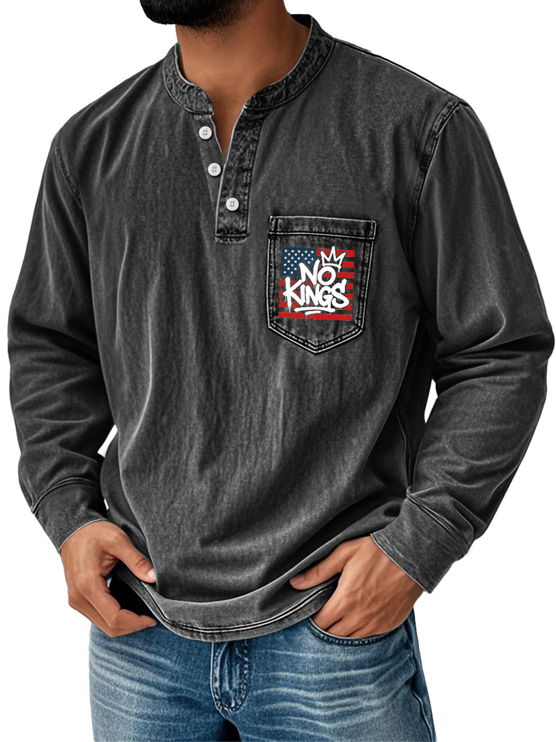 Herren Vintage No Kings Stehkragen Knopf Tasche Lässig Langarm Henley-deurabatt