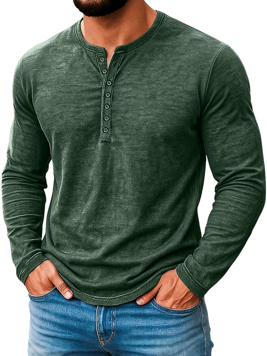 Herren Vintage Abgenutztes Baumwolle Lässig Knopf-Down Langarm Henley Hemd-deurabatt