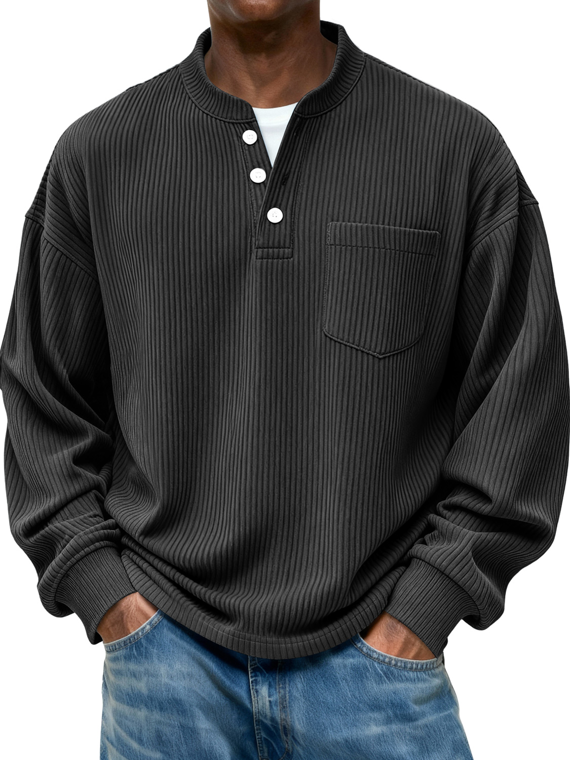 Herren Stehkragen Knopf Ripp Casual Tasche Langarm Henley Shirt-deurabatt