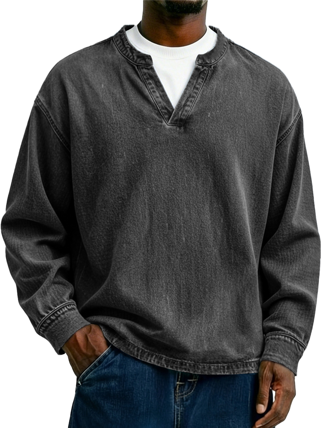Herren Vintage-Stil Freizeit Langarm-T-Shirt mit einem Faux-Zweiteiler Doppelkragen-Design-deurabatt