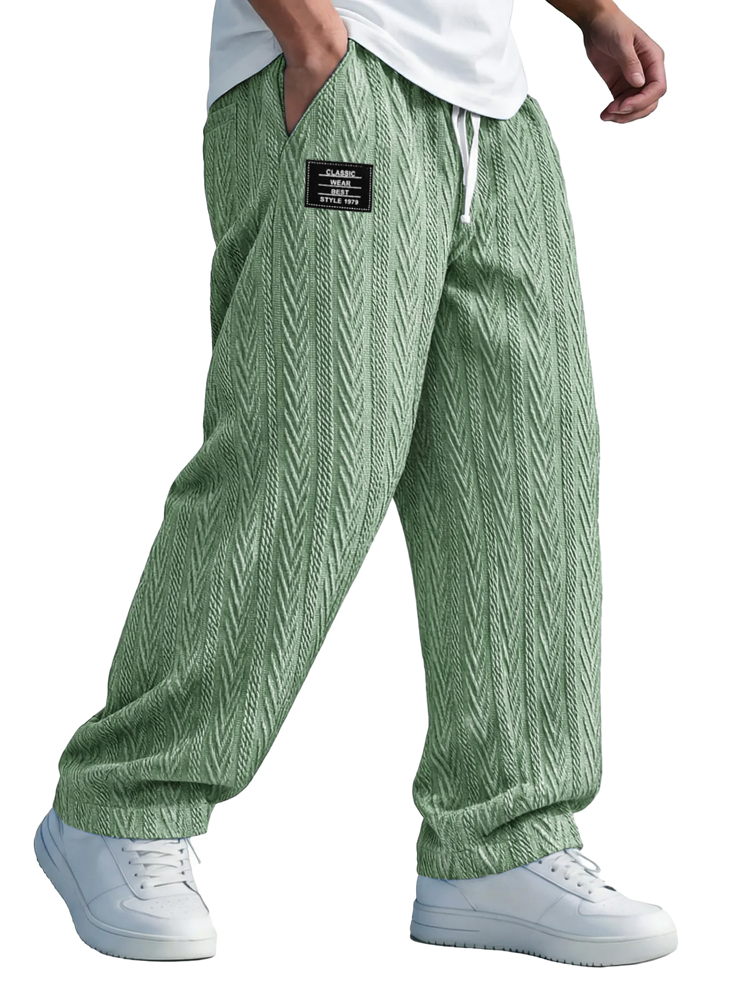 Herren einfarbige Jacquard-Textur Freizeit-Hosen mit elastischem Bund und gesticktem Logo.-deurabatt
