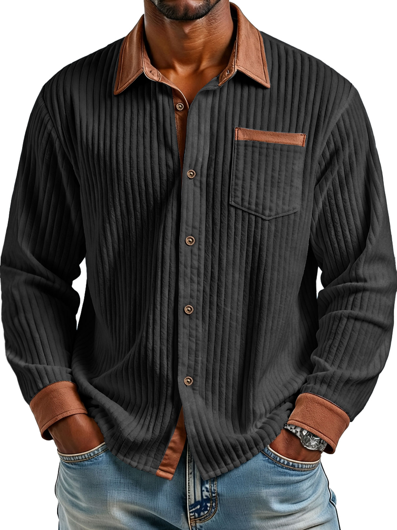 Herren Retro Corduroy Kragen Farbblock Casual Langarmhemd-deurabatt