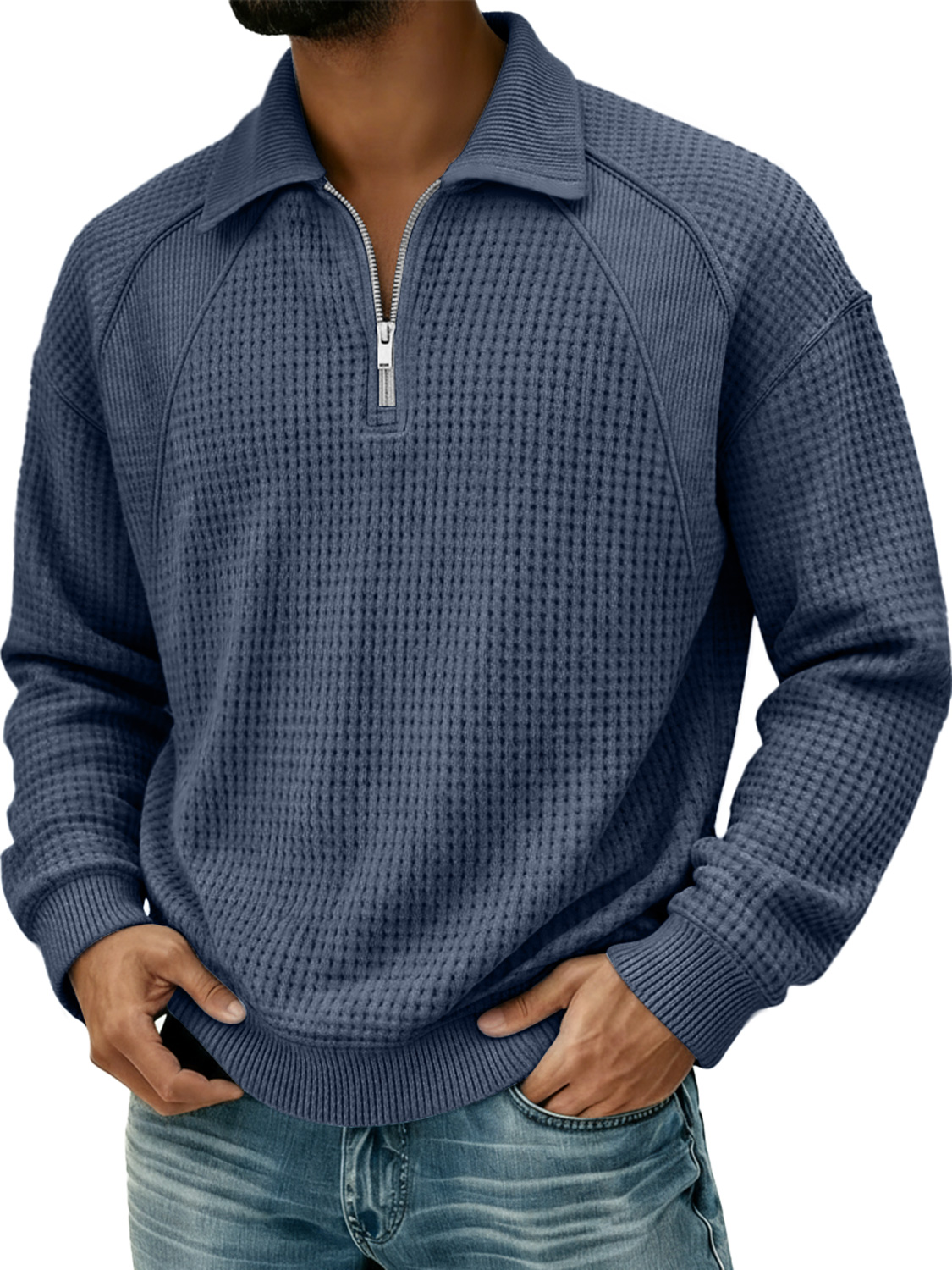 Herren Waffel Revers Reißverschluss Design Split Naht Polo Shirt-deurabatt