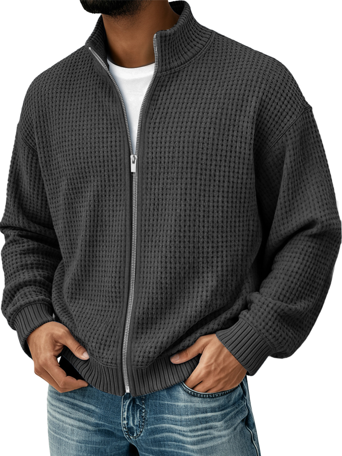 Herren Einfacher Stehkragen Waffel Freizeit Zip-Up Jacke-deurabatt