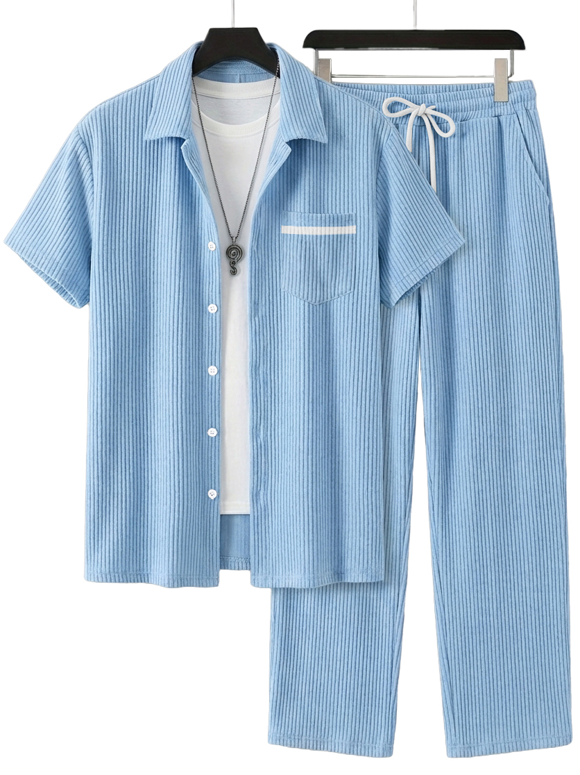 Herren Einfaches Lässiges Geripptes Pocket Kurzarmhemd und Lässige Hose Set OOTD-deurabatt