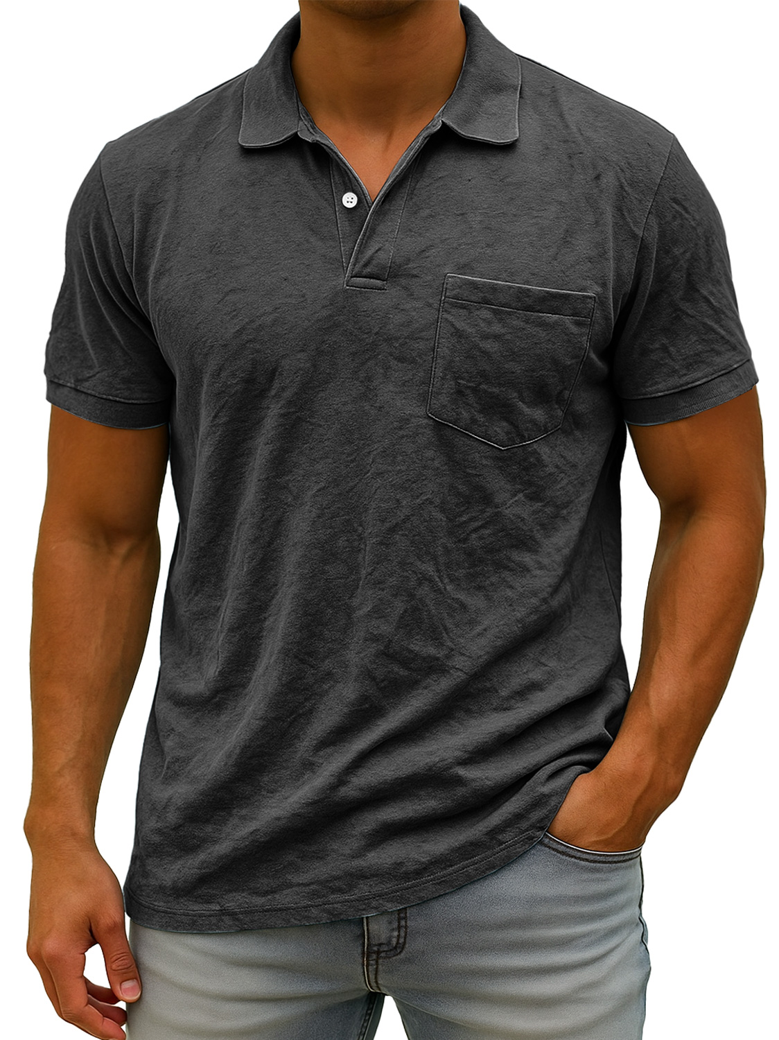 Herren Daily Wildleder Freizeit Revers Tasche Komfort Kurzarm POLO Hemd-deurabatt