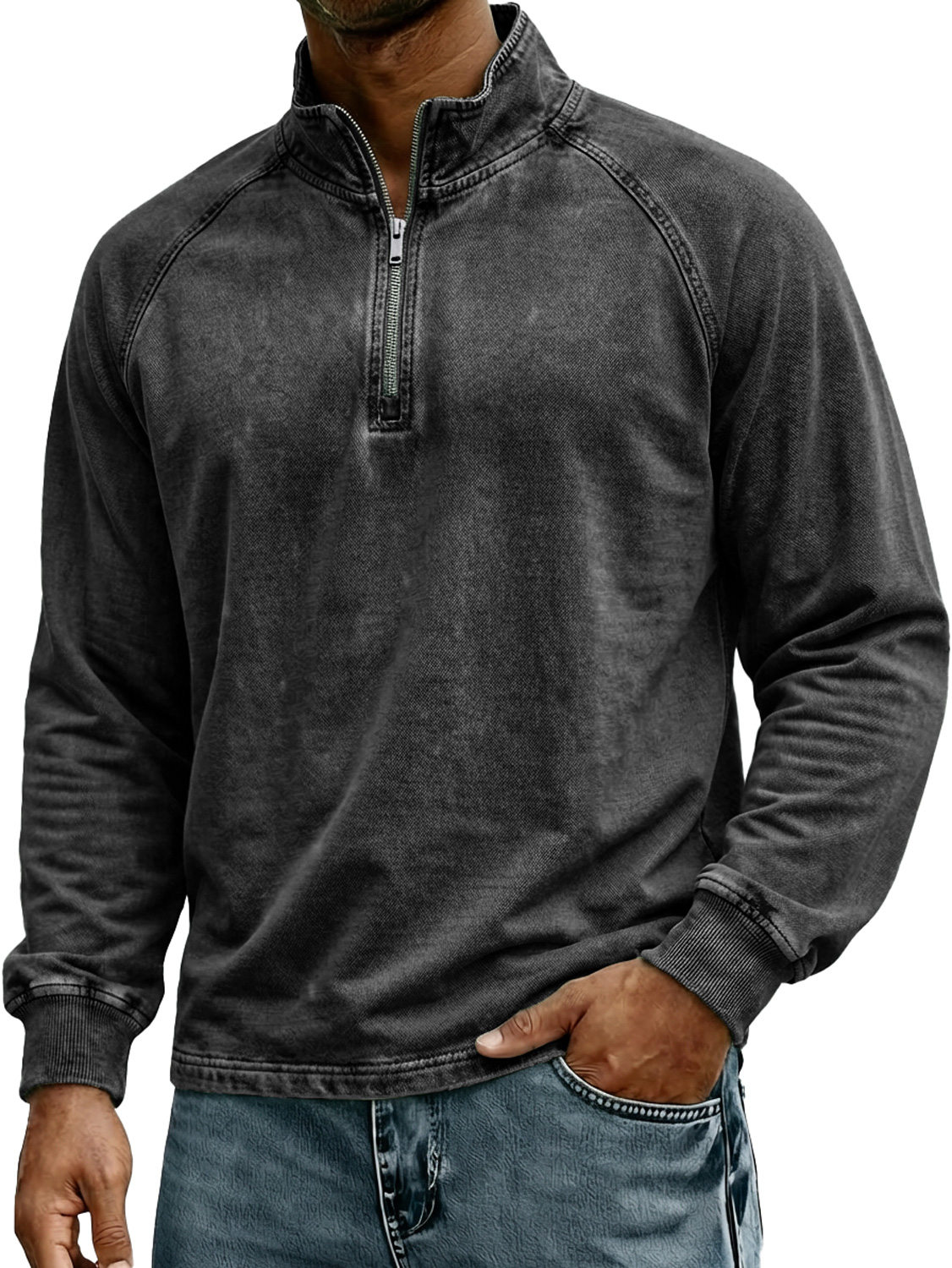 Herren Retro Stehkragen Reißverschluss Raglan Design Freizeit Langarm T-Shirt-deurabatt