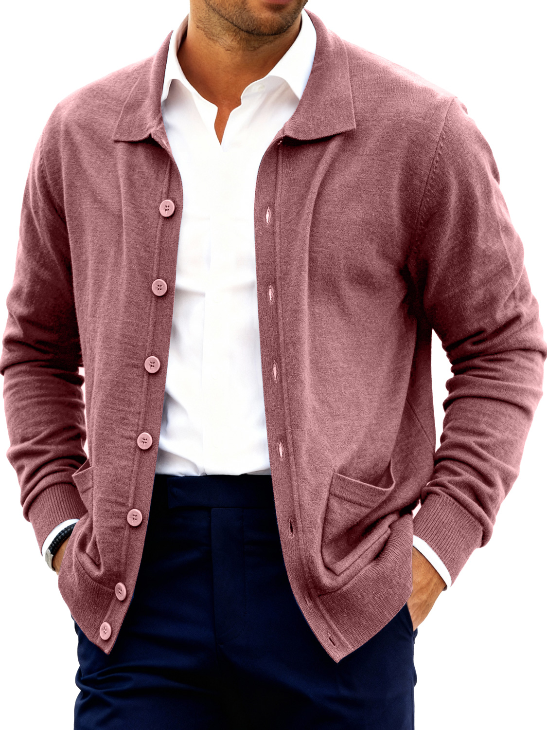 Herrenmode Revers Knopf Doppelter Taschen Pullover Jacke-deurabatt