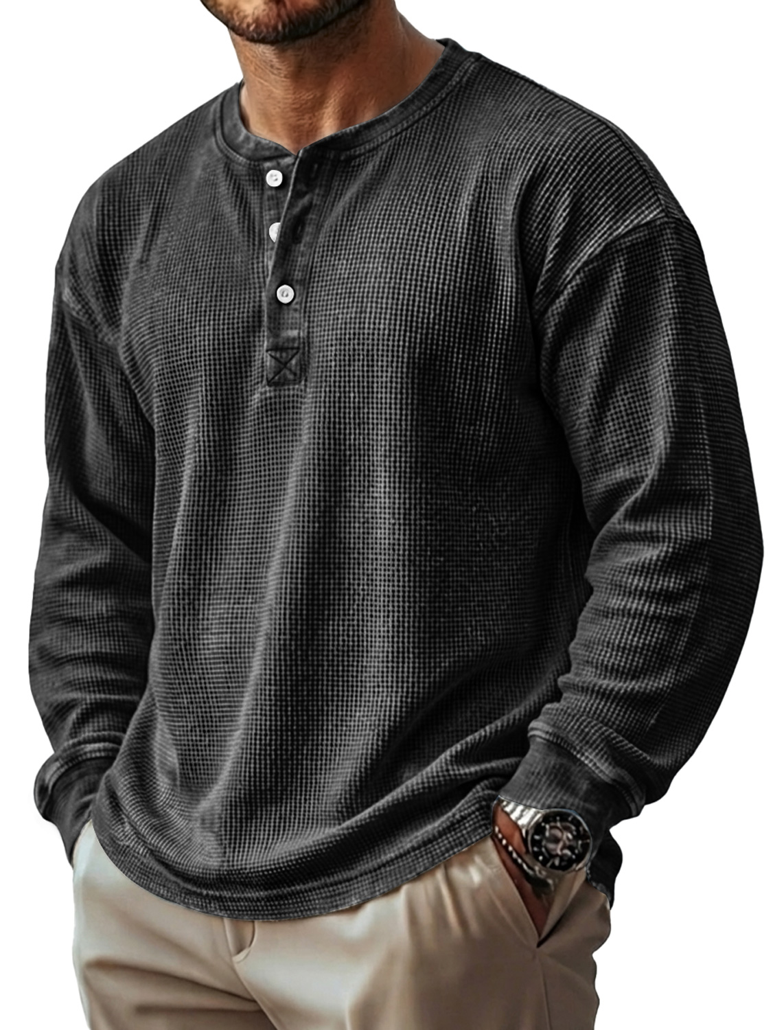 Herren Vintage Waffelstrick Langarm-Henley-Shirt-deurabatt