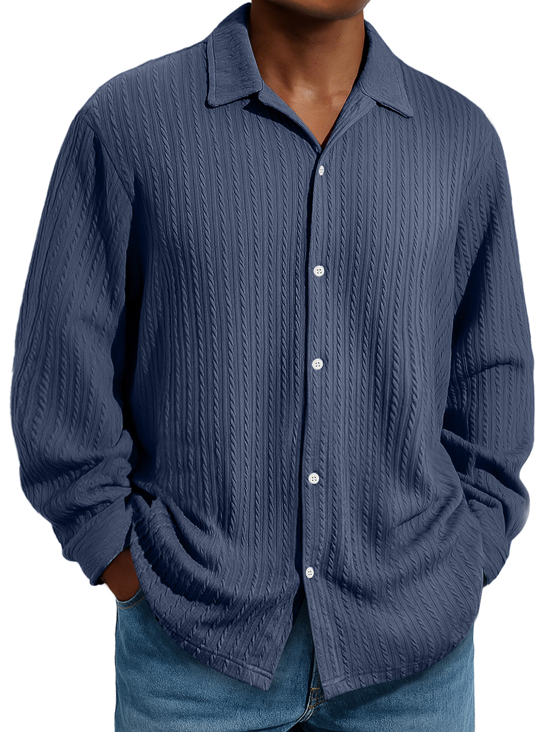 Herren Daily Jacquard Struktur Freizeit- und Komfort Langarmhemd-deurabatt