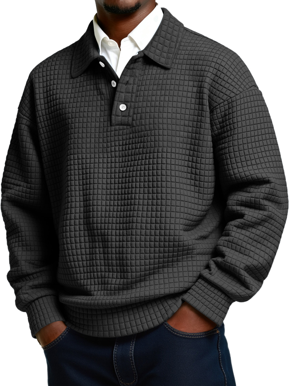 Herren Daily Small Plaid Revers Knopf Lässiges Langarm Polohemd-deurabatt