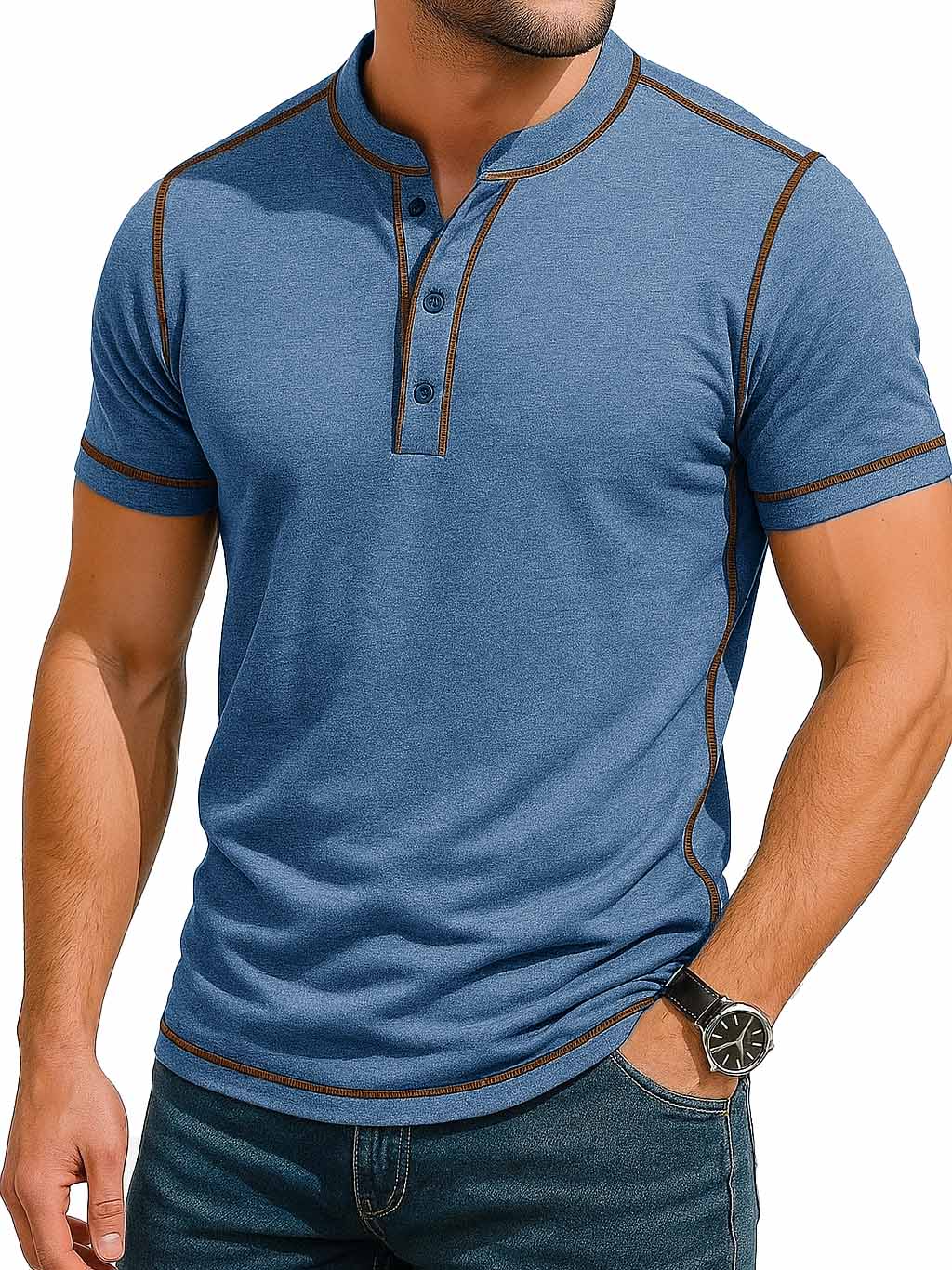 Herrenmode Retro Kontrastfarbe Linie Kurzarm Henley Shirt-deurabatt