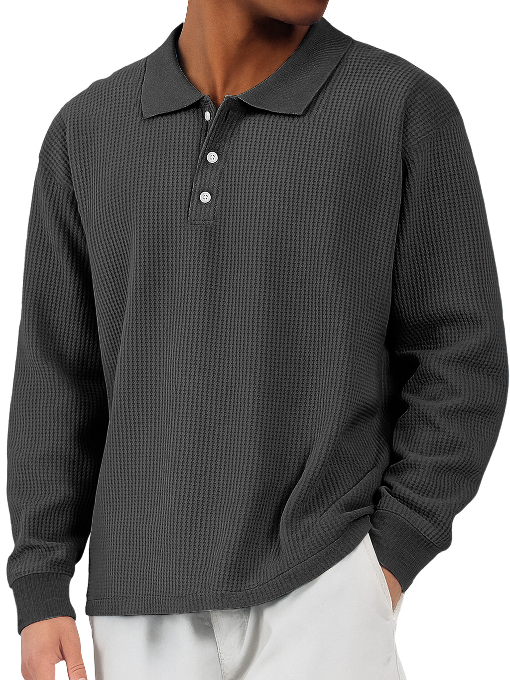 Herren Alltags Waffel Revers Knopf-down Lockere Freizeit Langarm Polohemd-deurabatt
