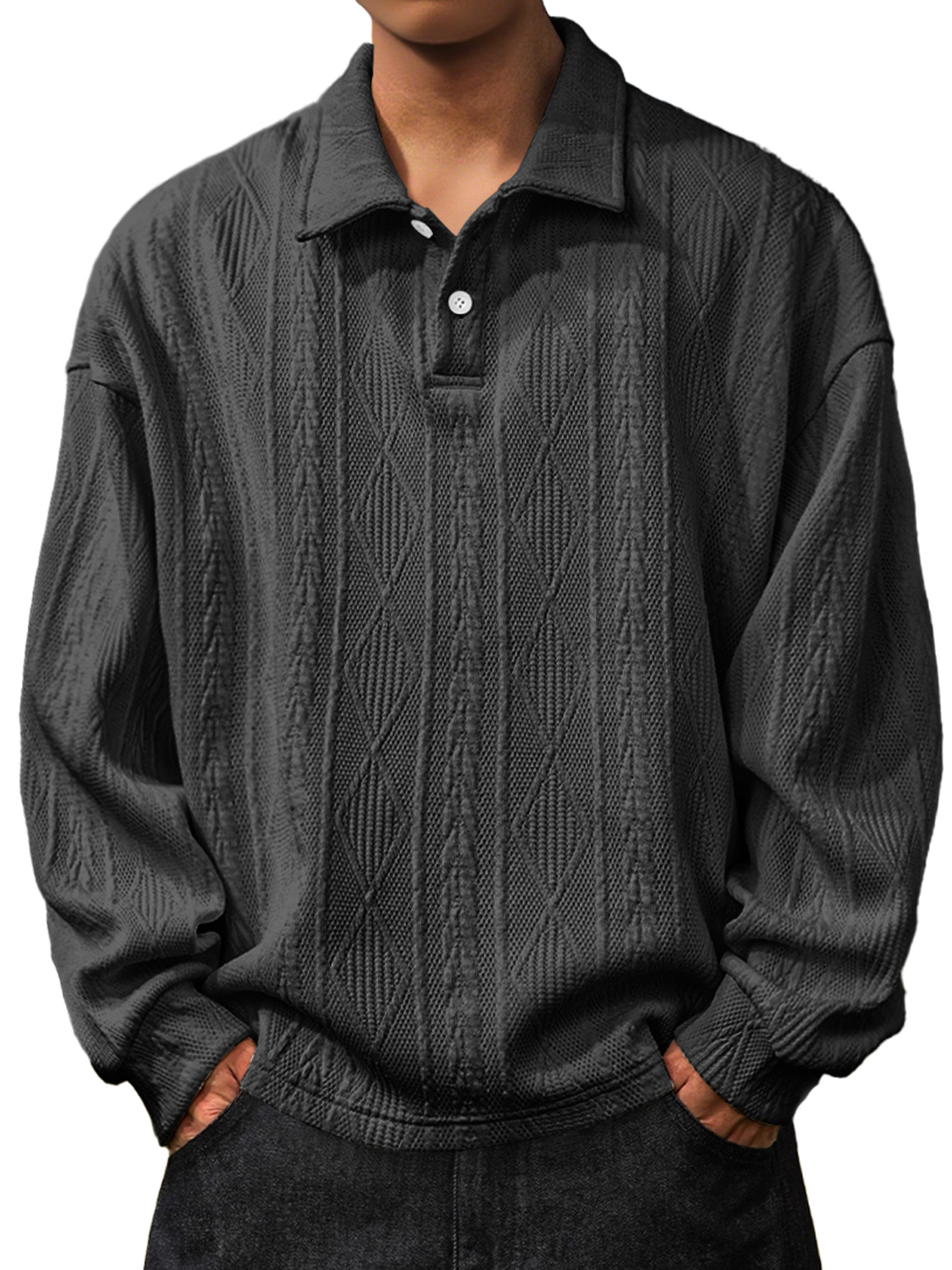 Herren Daily Jacquard Struktur Revers Knopf Langarm Polohemd-deurabatt