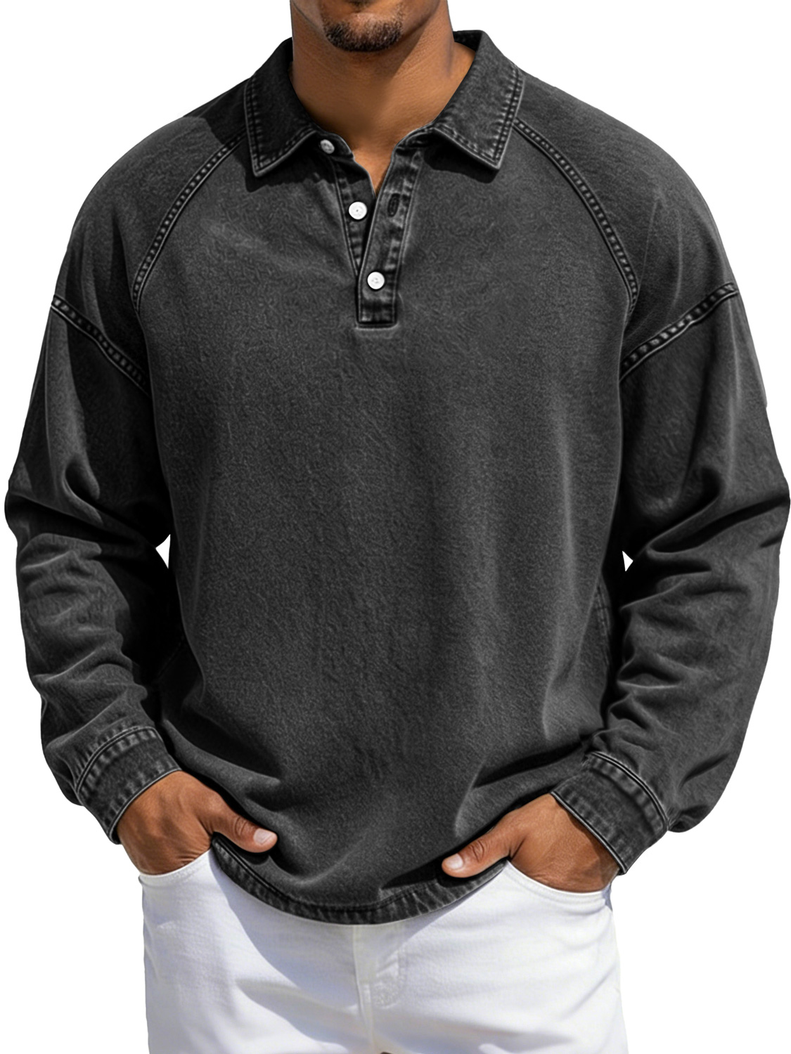 Herren Vintage-Stil Revers Knopf-auf Raglan Ärmel Freizeit Langarm Polo-Shirt-deurabatt