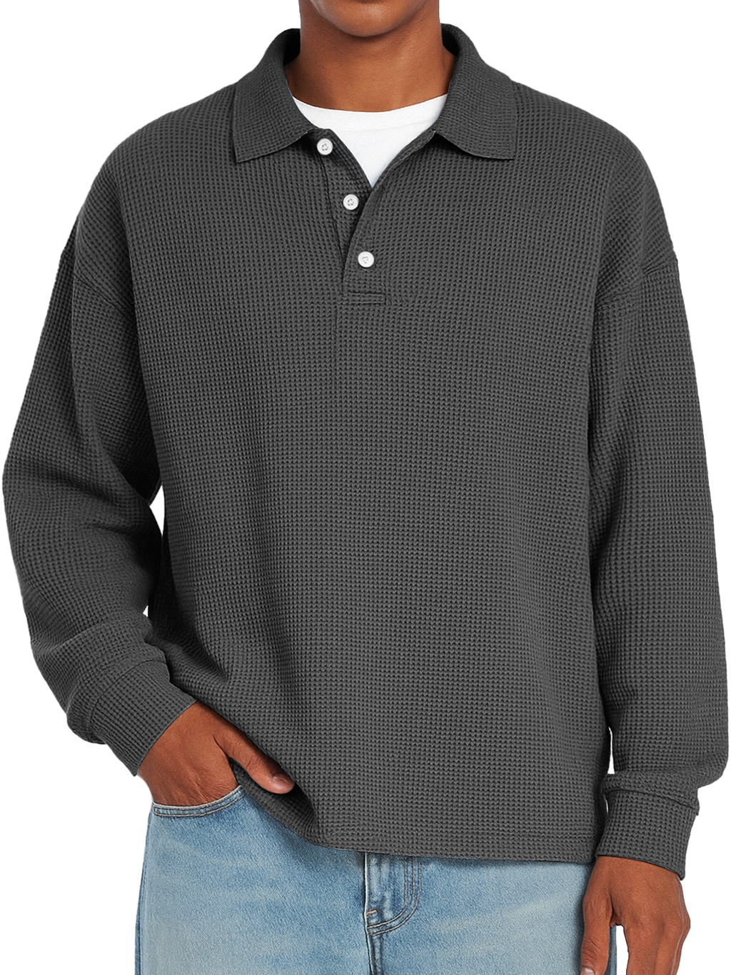 Herren Daily Waffle Freizeit Revers Knopf Locker Langarm Polohemd-deurabatt