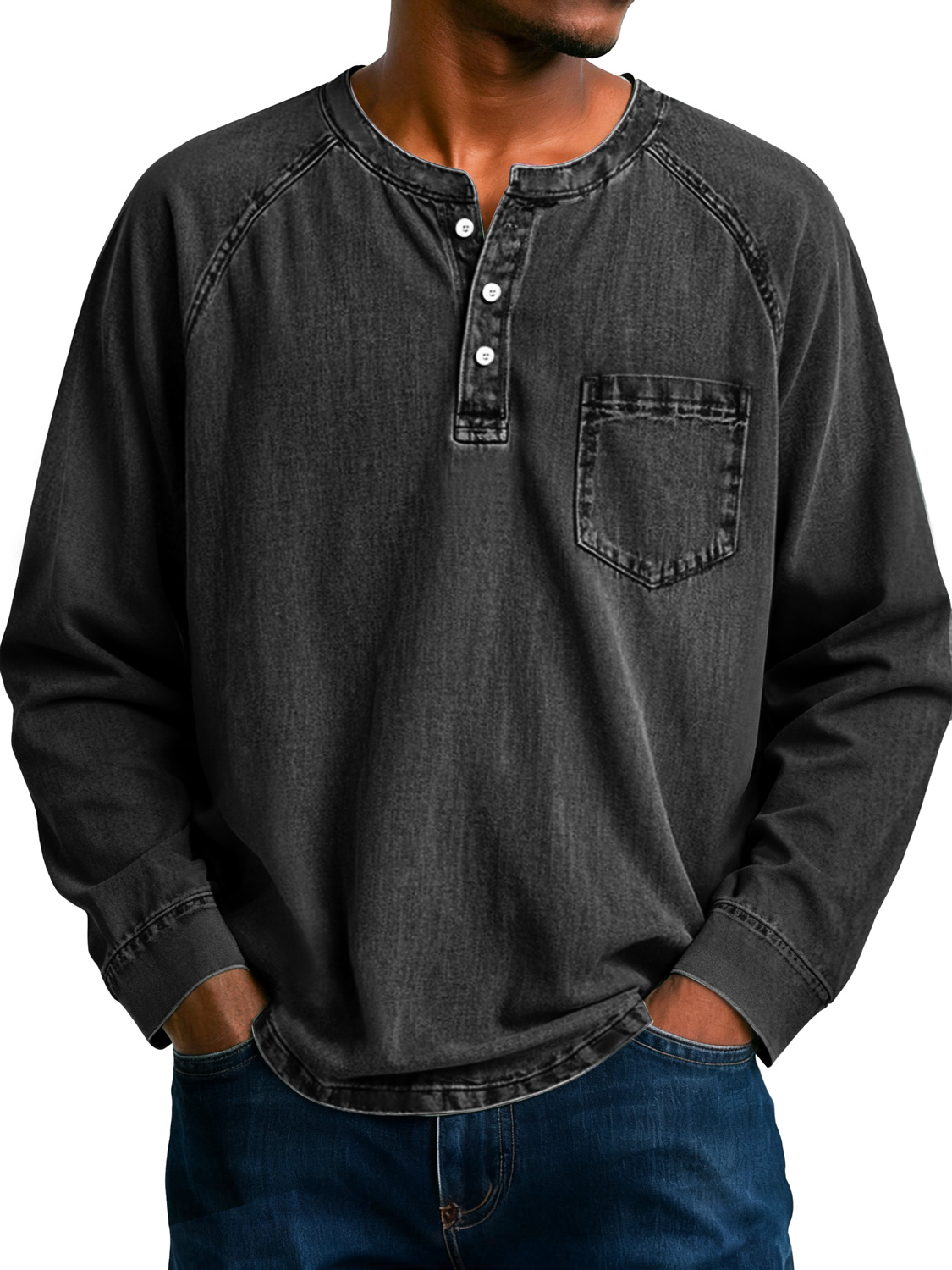 Herren Retro Raglan Tasche Lässiges Langarm-Henley-Shirt-deurabatt