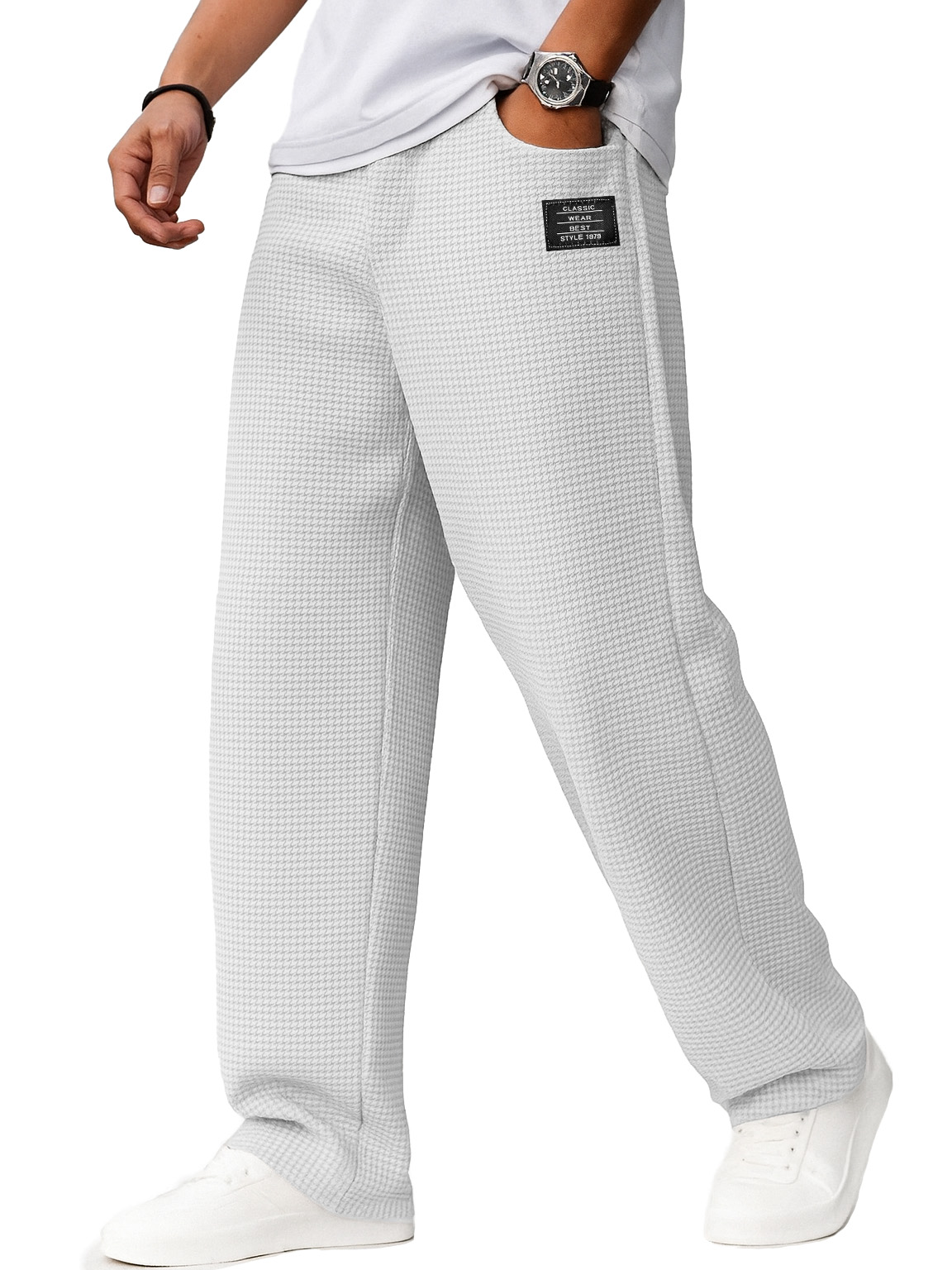 Herrenmode Alltags-Waffelstoff Besticktes Logo Kordelzug Lockere Elastische Taille Taschenhose-ZierMode