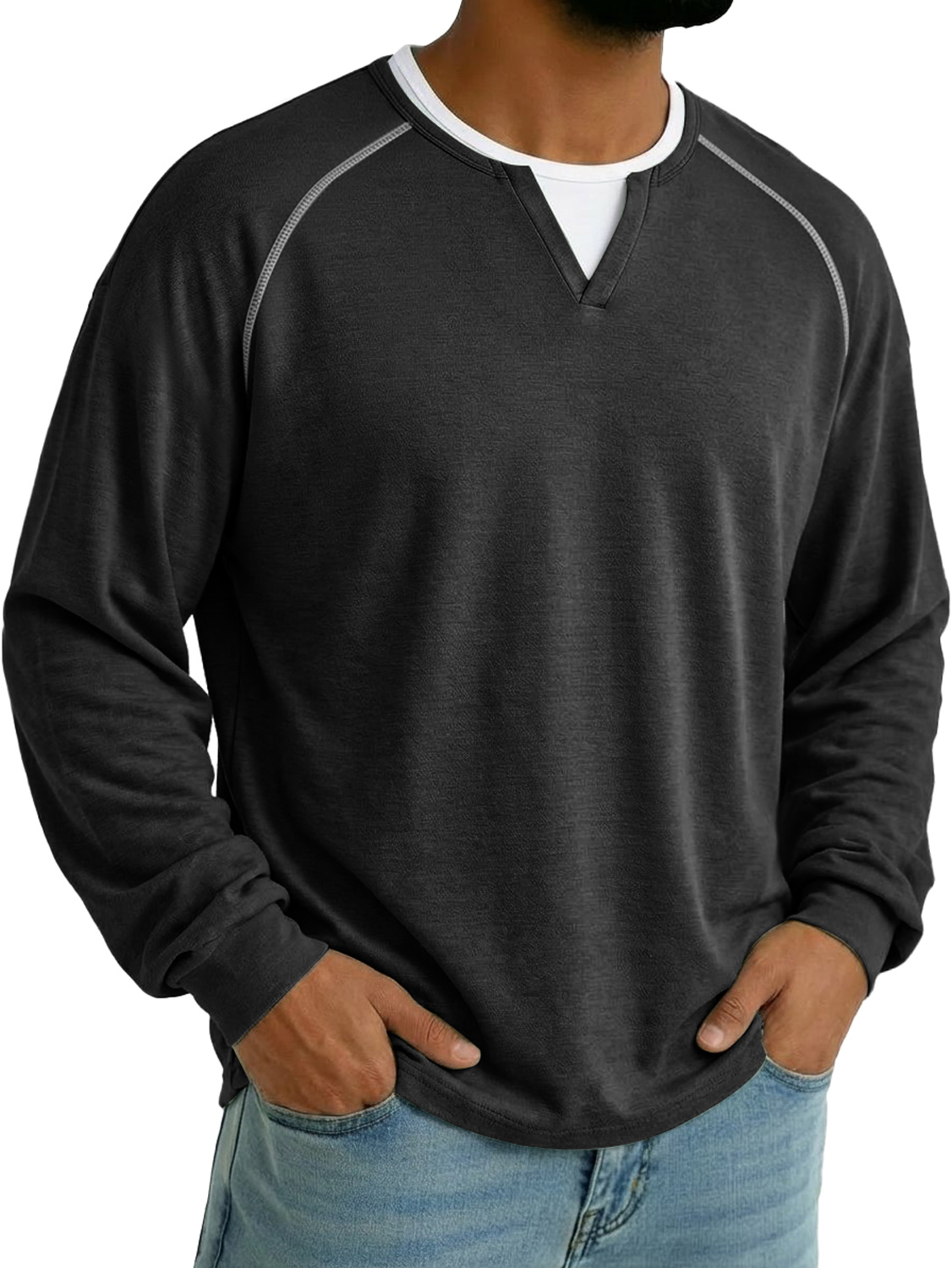Herren Faux Zweiteilig Doppel-Lagen Kragen Raglan Ärmel Lässiges Langarm T-Shirt-deurabatt