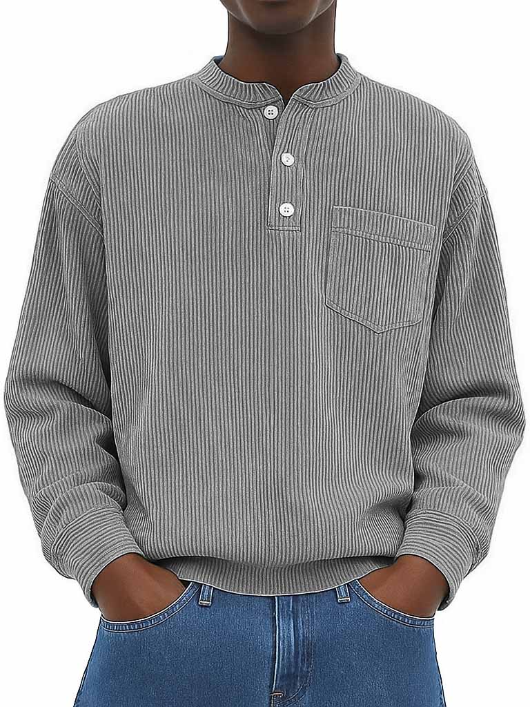 Herrenmode Freizeit Ribstoff Stehkragen Langarm Henley-Shirt-deurabatt