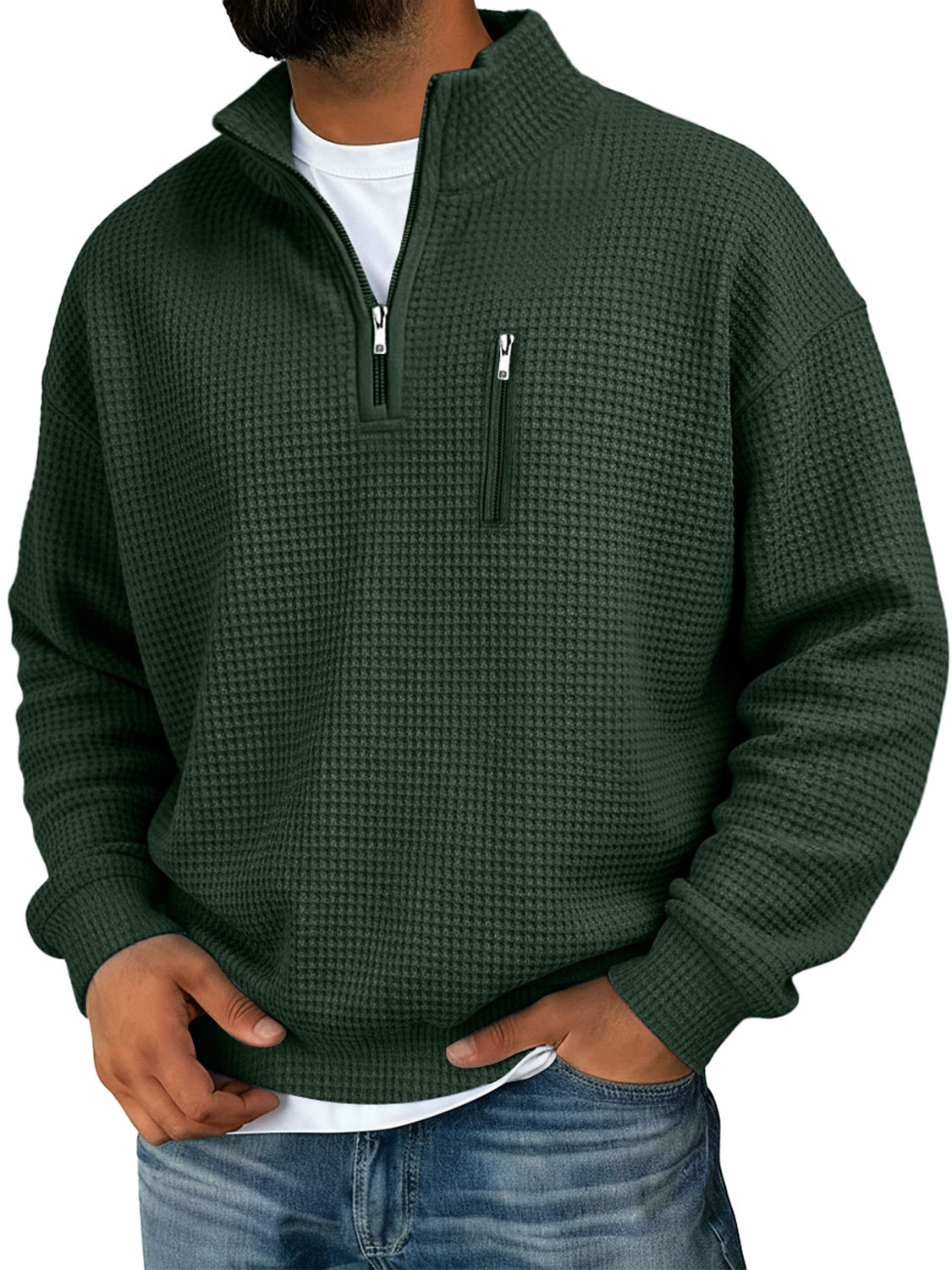 Herren Waffel Stehkragen Reißverschluss Freizeit Einfarbiger Sweatshirt-deurabatt